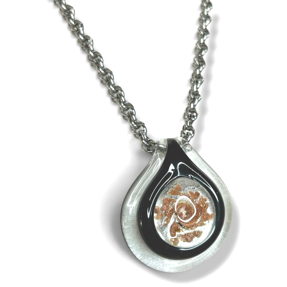 Vintage Art Glass Teardrop Pendant Necklace Artisan Copper Tone Inclusion Chain